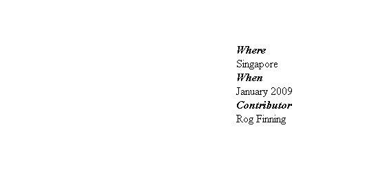 


Where
Singapore
When
January 2009
Contributor
Rog Finning
